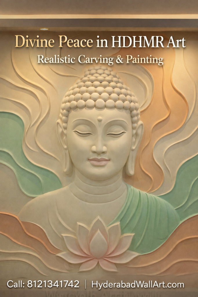 Peaceful Buddha HDHMR mural art with realistic carving and soft pastel finish by Hyderabad Wall Art India